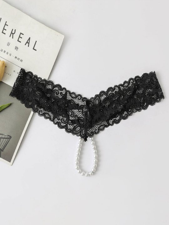 Faux Pearl Decor Floral Lace Panty