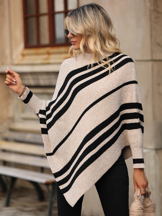 LUNE Striped Pattern Asymmetrical Hem Poncho Sweater