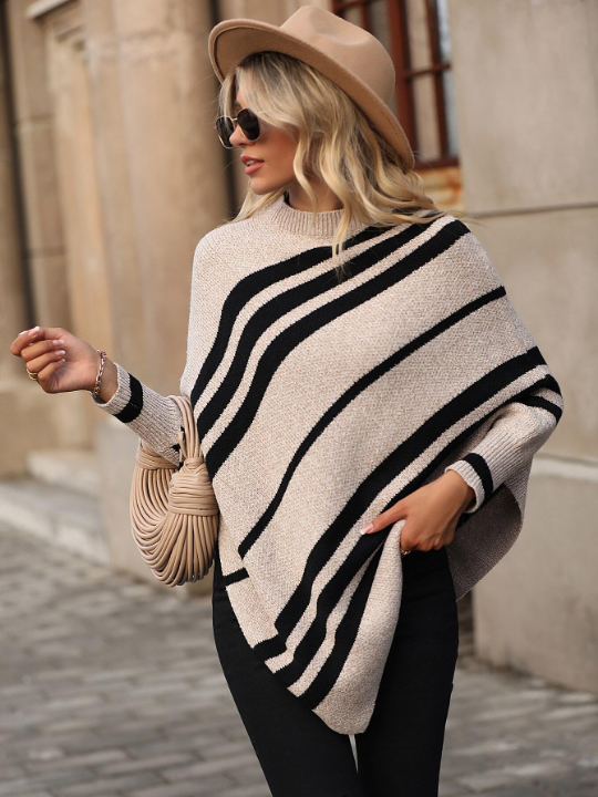 LUNE Striped Pattern Asymmetrical Hem Poncho Sweater