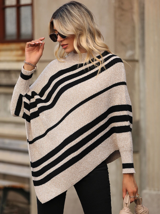 LUNE Striped Pattern Asymmetrical Hem Poncho Sweater