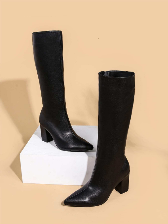 Zip Side Chunky Heeled Classic Boots, Elegant Chunky Heel Black Plain Fashionable Women's Boots