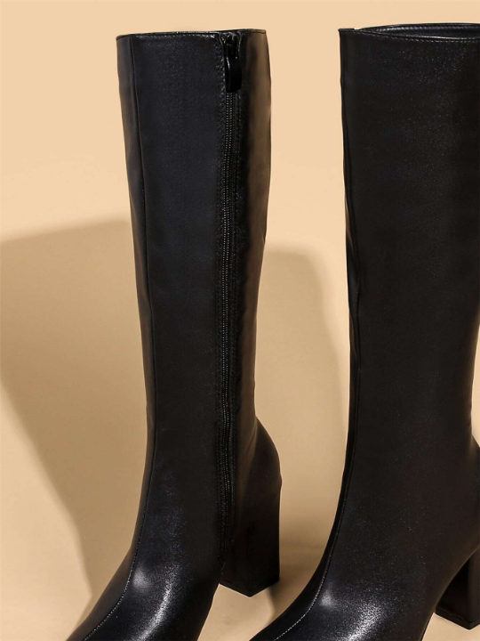 Zip Side Chunky Heeled Classic Boots, Elegant Chunky Heel Black Plain Fashionable Women's Boots