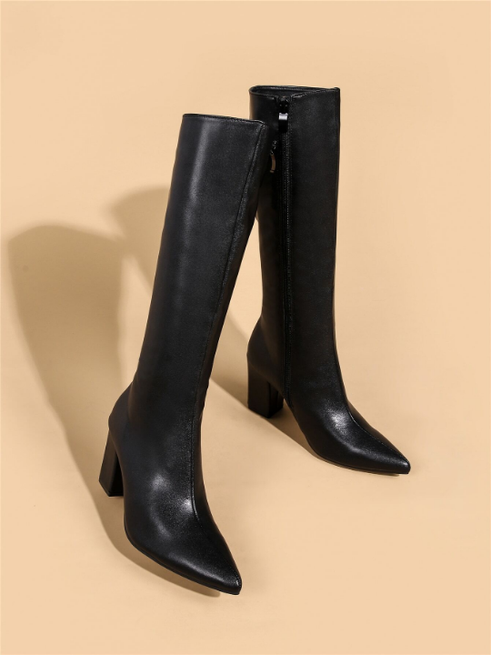 Zip Side Chunky Heeled Classic Boots, Elegant Chunky Heel Black Plain Fashionable Women's Boots