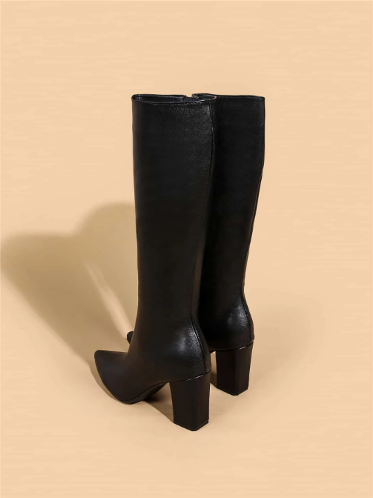 Zip Side Chunky Heeled Classic Boots, Elegant Chunky Heel Black Plain Fashionable Women's Boots