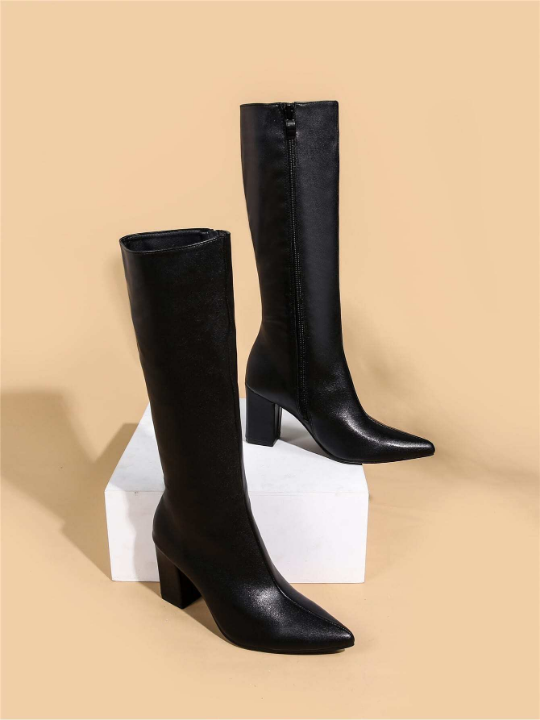 Zip Side Chunky Heeled Classic Boots, Elegant Chunky Heel Black Plain Fashionable Women's Boots