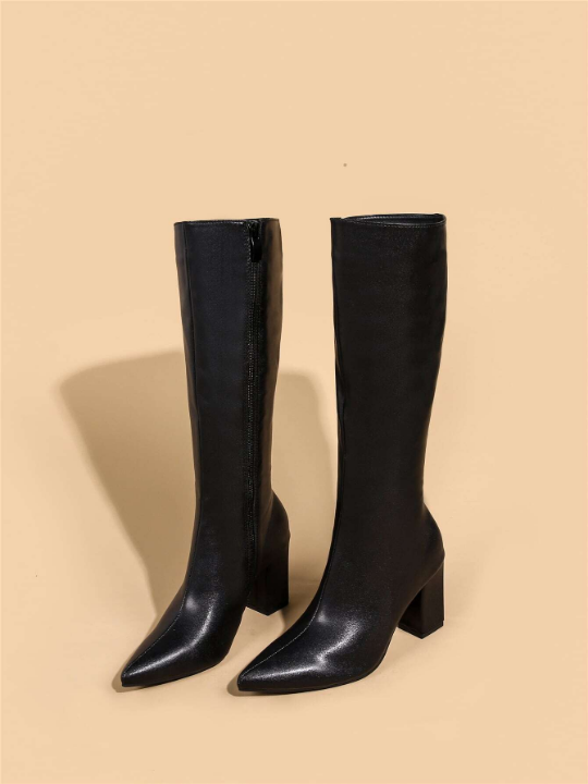 Zip Side Chunky Heeled Classic Boots, Elegant Chunky Heel Black Plain Fashionable Women's Boots