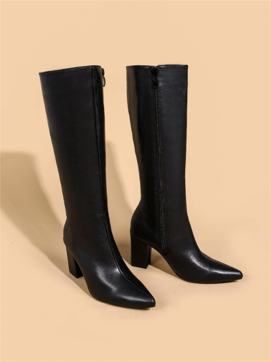 Zip Side Chunky Heeled Classic Boots, Elegant Chunky Heel Black Plain Fashionable Women's Boots