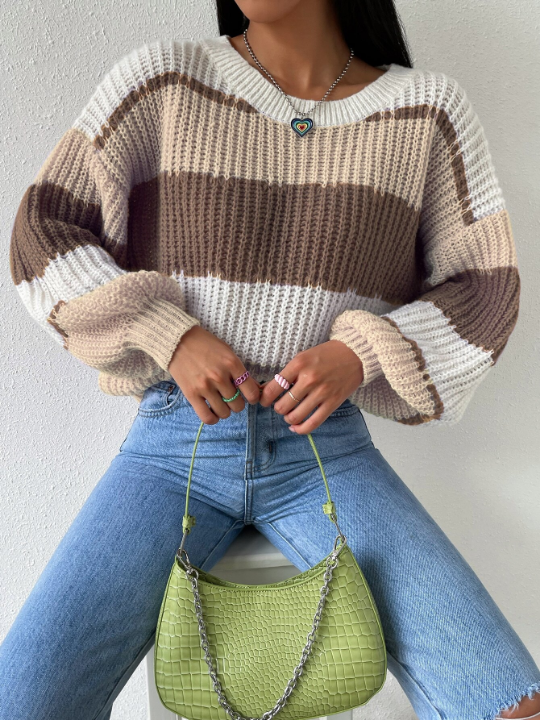 Essnce Colorblock Rib-knit Drop Shoulder Sweater