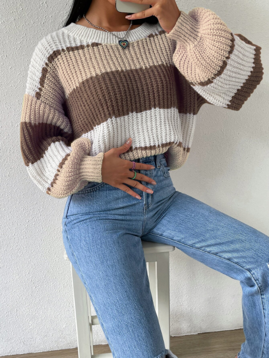 Essnce Colorblock Rib-knit Drop Shoulder Sweater