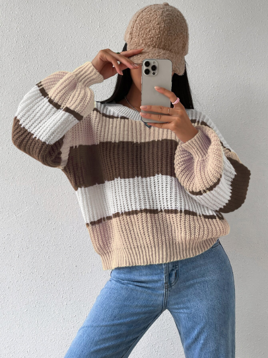 Essnce Colorblock Rib-knit Drop Shoulder Sweater