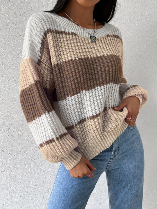 Essnce Colorblock Rib-knit Drop Shoulder Sweater