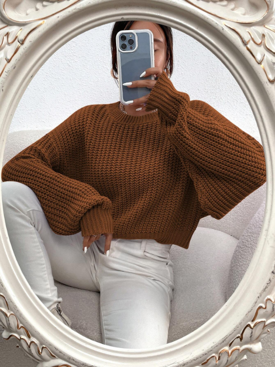 Frenchy Solid Ribbed Knit Drop Shoulder Sweater