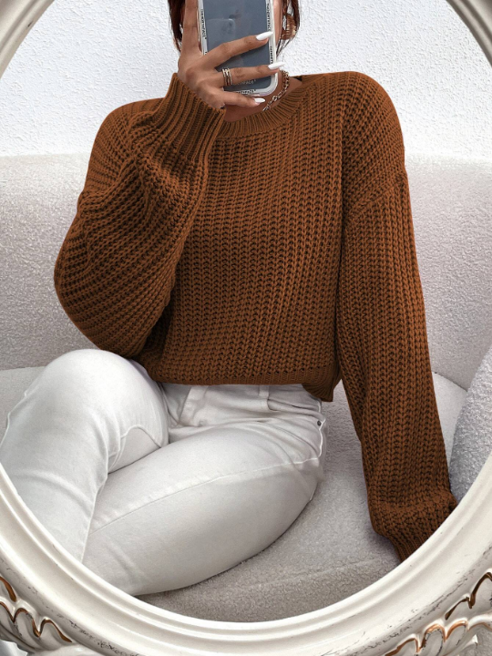 Frenchy Solid Ribbed Knit Drop Shoulder Sweater