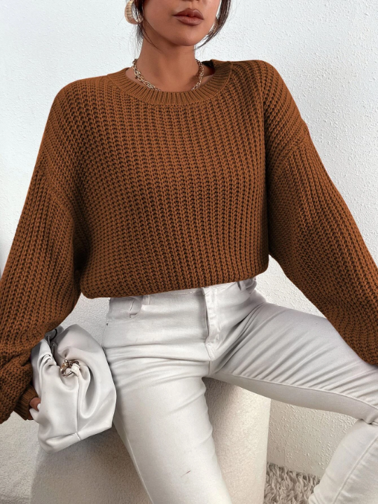 Frenchy Solid Ribbed Knit Drop Shoulder Sweater