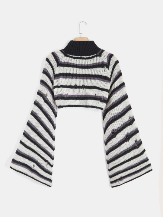 ROMWE Fairycore Striped High Neck Ripped Sweater