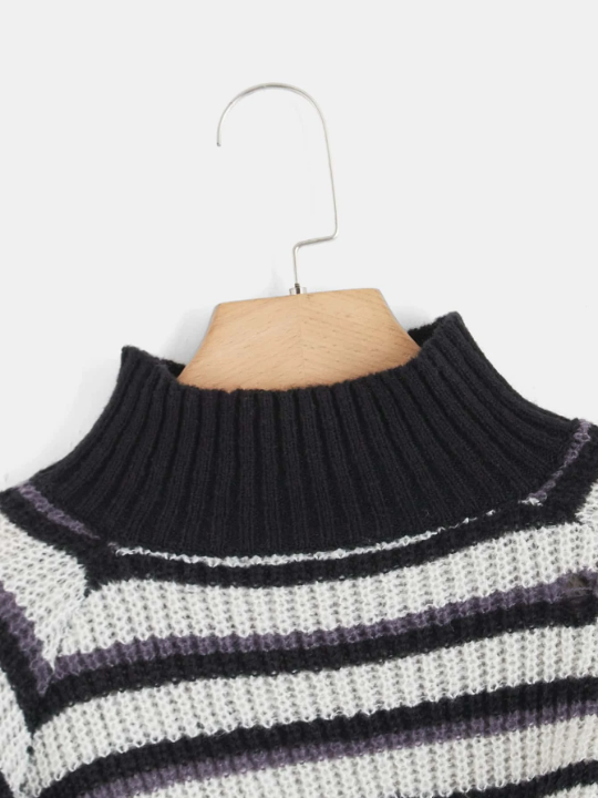 ROMWE Fairycore Striped High Neck Ripped Sweater