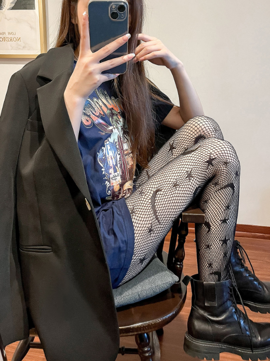 1pc Women's Black Personality Star & Moon Pattern Mesh Tights, Fashionable Sexy Streetwear Fishnet Stockings