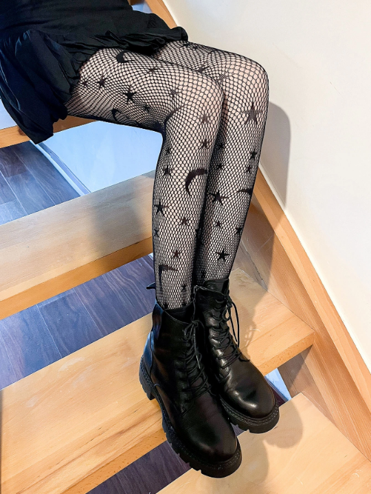 1pc Women's Black Personality Star & Moon Pattern Mesh Tights, Fashionable Sexy Streetwear Fishnet Stockings