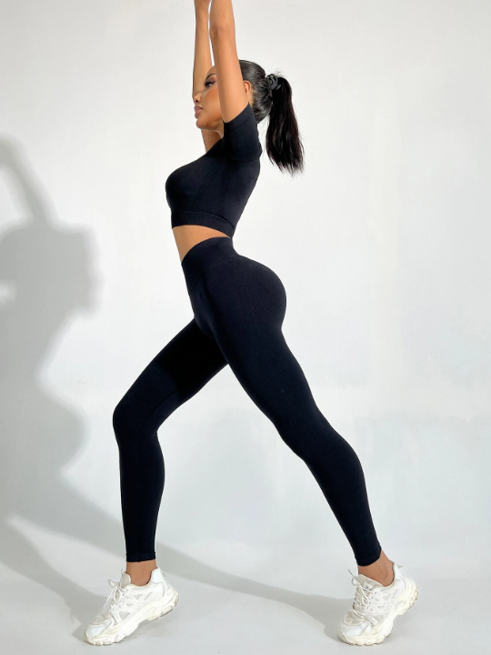 Sport Seamluxe 2pcs Seamless Yoga Set Sports Suit Textured Top Tummy Control Leggings