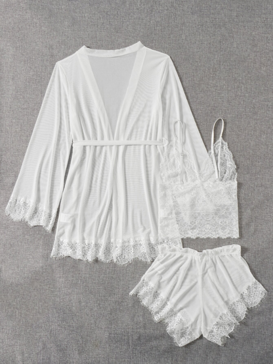 Classic Sexy 4pack Contrast Lace Mesh Lingerie Set With Robe & Belt