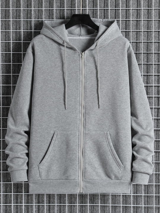 Men Slant Pockets Zip Up Drawstring Thermal Hoodie