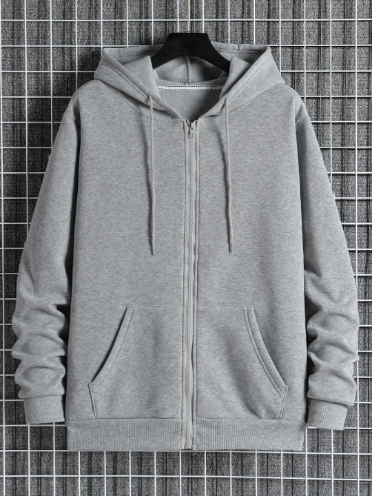 Men Slant Pockets Zip Up Drawstring Thermal Hoodie