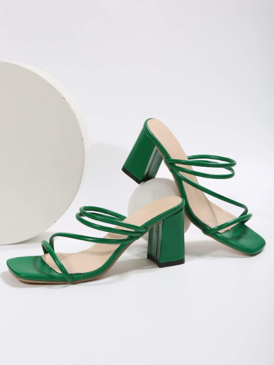 Women Thin Strap Chunky Heeled Mule Sandals, Fashion Summer Heeled Sandals