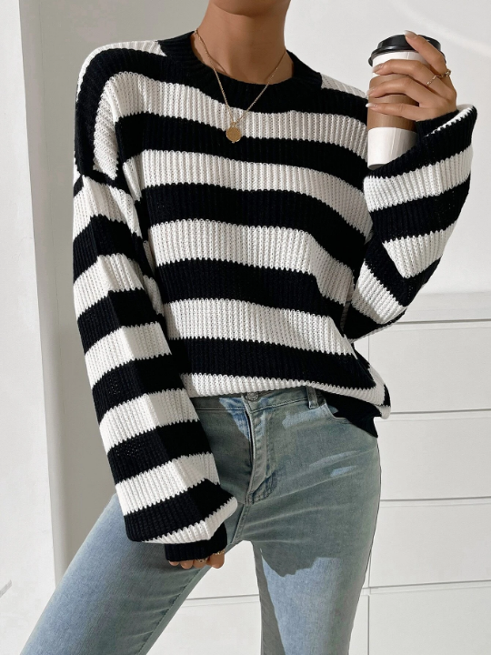 Striped Pattern Drop Shoulder Sweater