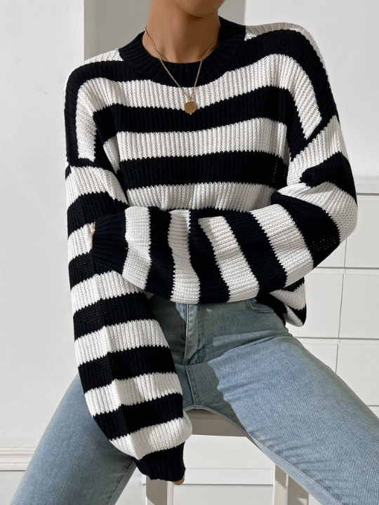 Striped Pattern Drop Shoulder Sweater