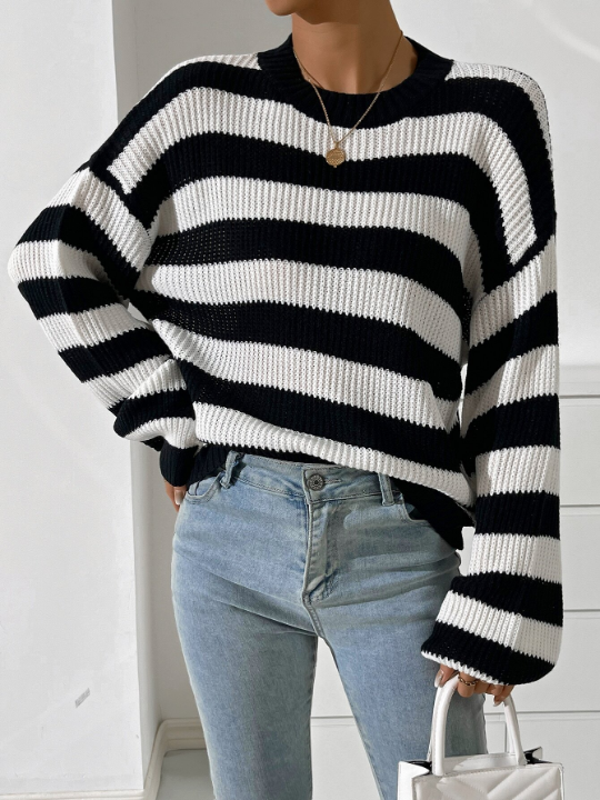 Striped Pattern Drop Shoulder Sweater