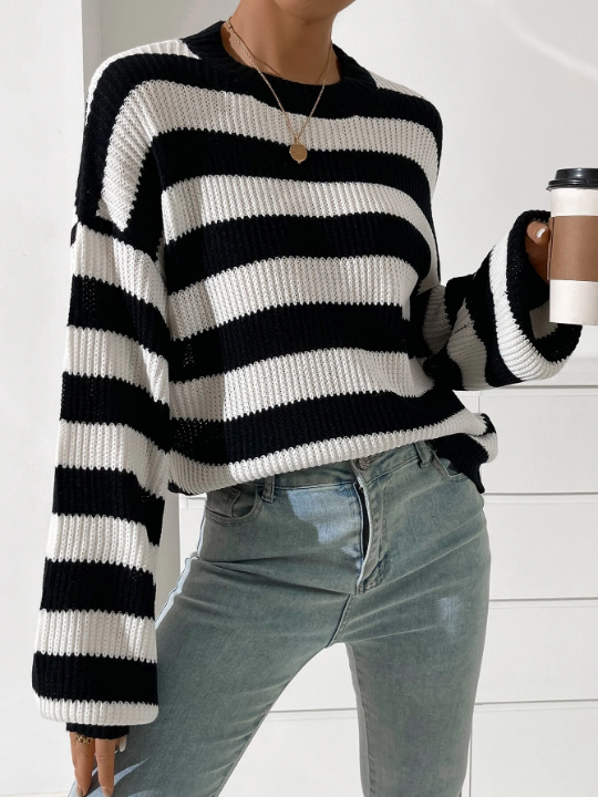 Striped Pattern Drop Shoulder Sweater