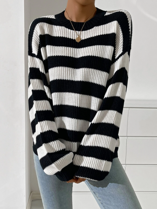 Striped Pattern Drop Shoulder Sweater