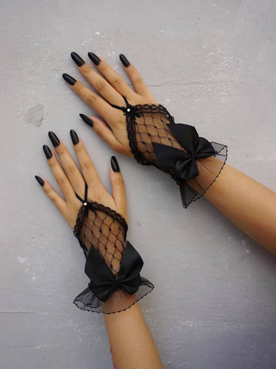 Bow Decor Fingerless Gloves