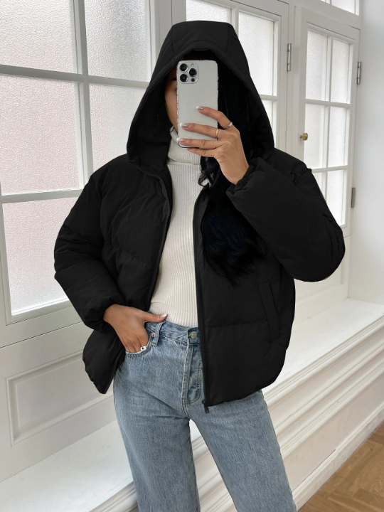 EZwear Slant Pockets Zip Up Hooded Puffer Black Coat