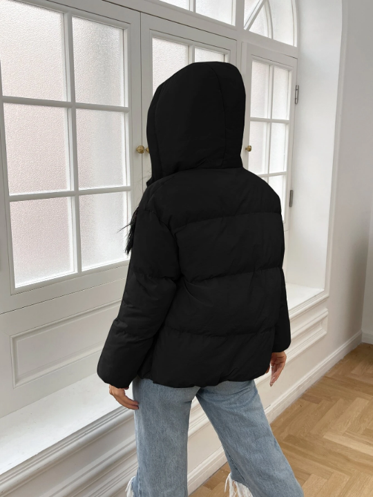 EZwear Slant Pockets Zip Up Hooded Puffer Black Coat