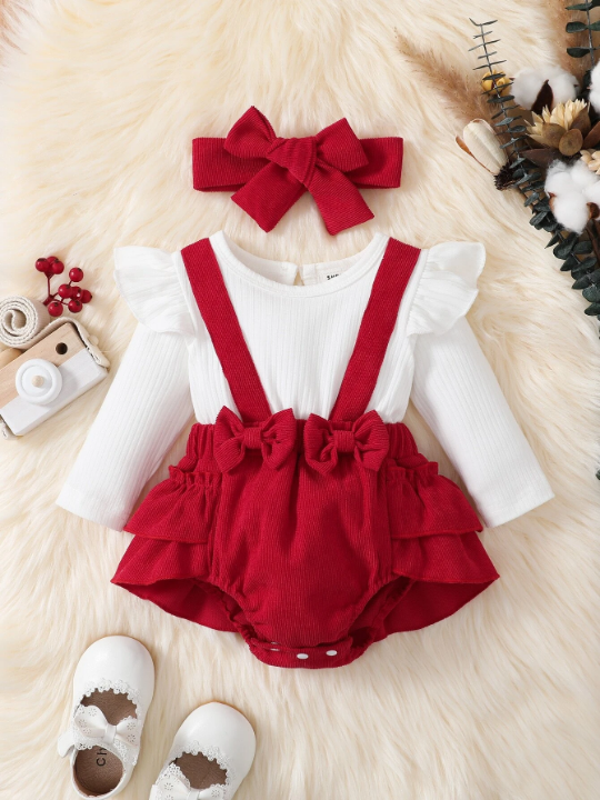 Baby Girl Colorblock Bow Front Ruffle Trim Bodysuit With Headband