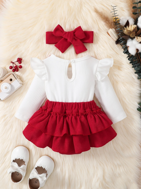 Baby Girl Colorblock Bow Front Ruffle Trim Bodysuit With Headband