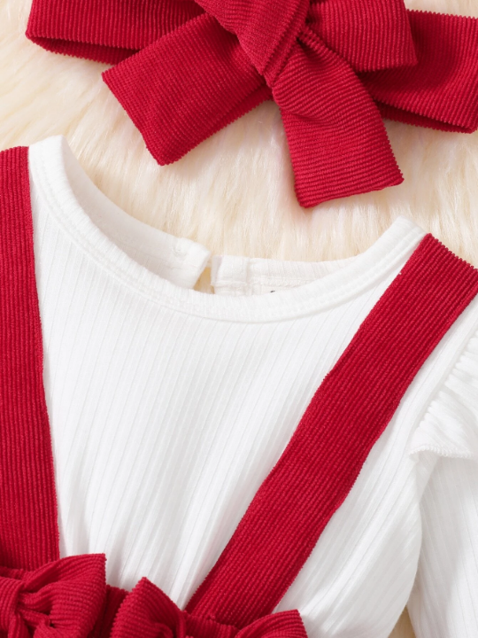 Baby Girl Colorblock Bow Front Ruffle Trim Bodysuit With Headband