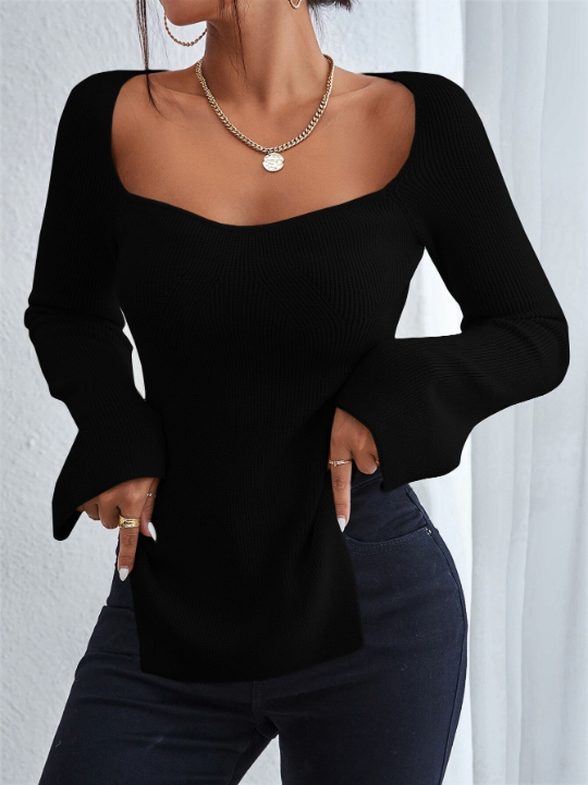 Frenchy Sweetheart Neck Split Hem Sweater