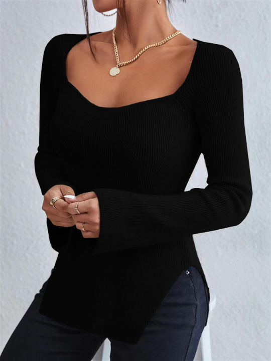 Frenchy Sweetheart Neck Split Hem Sweater