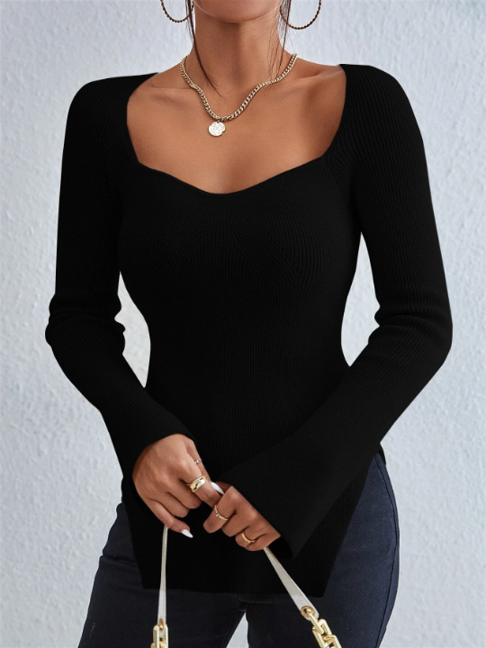 Frenchy Sweetheart Neck Split Hem Sweater