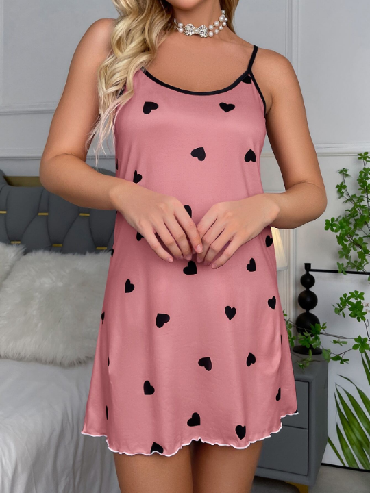 Heart Print Lettuce Trim Cami Night Dress