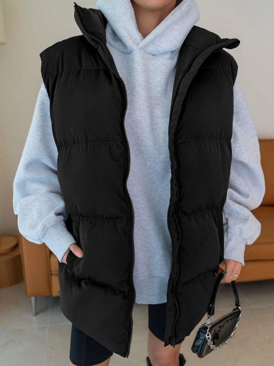 DAZY Slant Pockets Vest Puffer Pockets Coat Without Hoodie