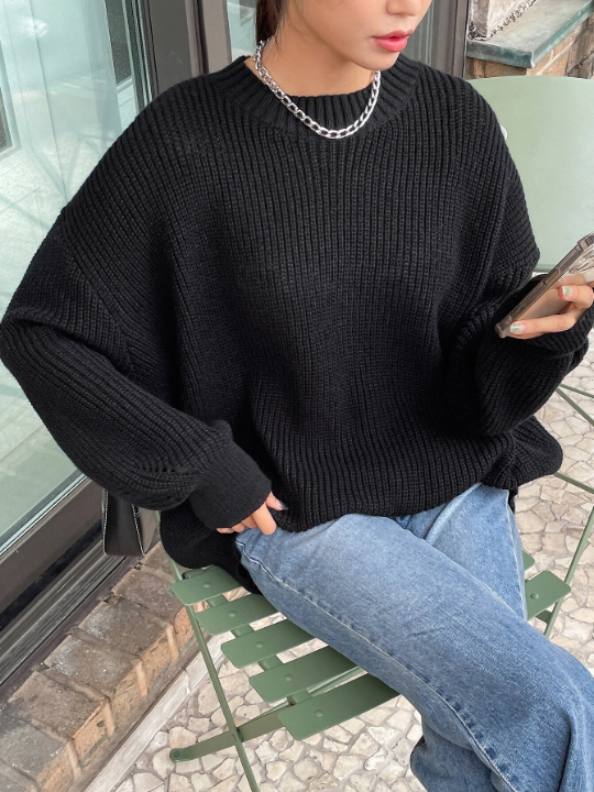 DAZY Solid Ribbed Knit Drop Shoulder Sweater