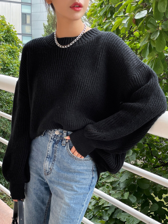 DAZY Solid Ribbed Knit Drop Shoulder Sweater