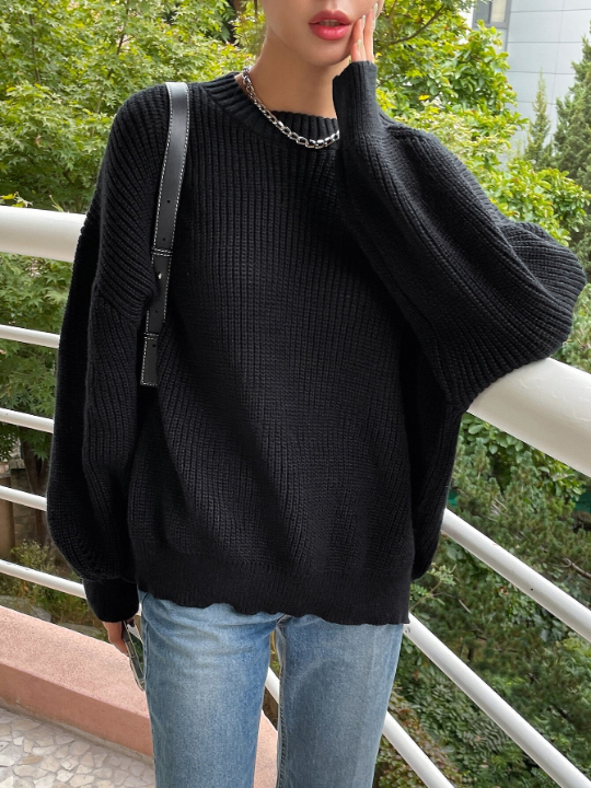 DAZY Solid Ribbed Knit Drop Shoulder Sweater