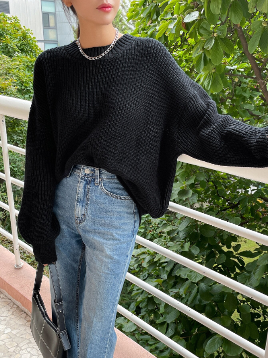 DAZY Solid Ribbed Knit Drop Shoulder Sweater