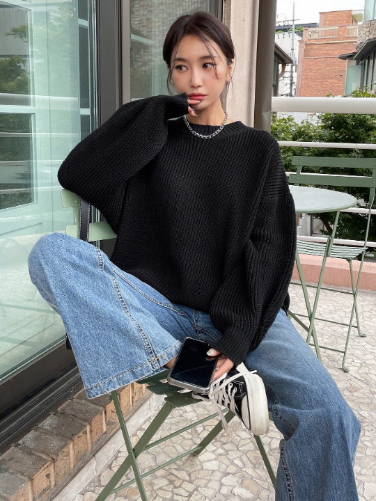 DAZY Solid Ribbed Knit Drop Shoulder Sweater