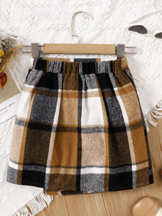 Girls Plaid Print Button Front Skirt