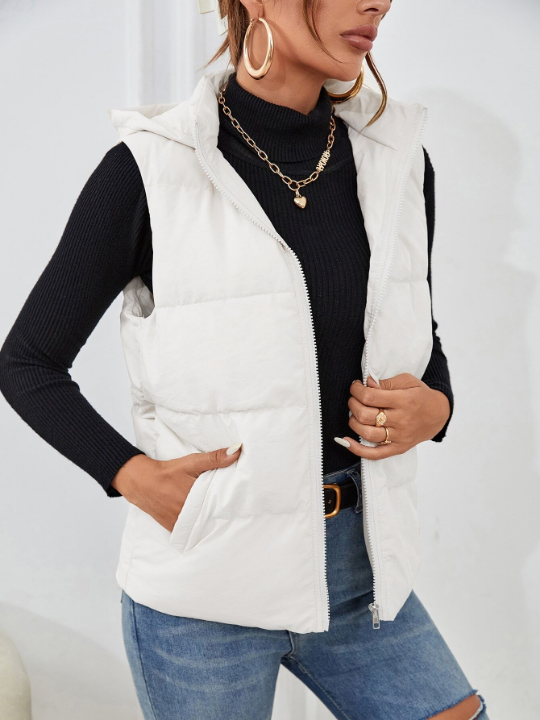 Frenchy Zipper Up Slant Pocket Hooded Sleeveless Puffer Coat